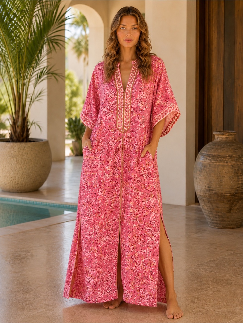 Oscar de la Renta Pink Floral Tunic Shift Dress Swim Cover Womens Size S Pockets